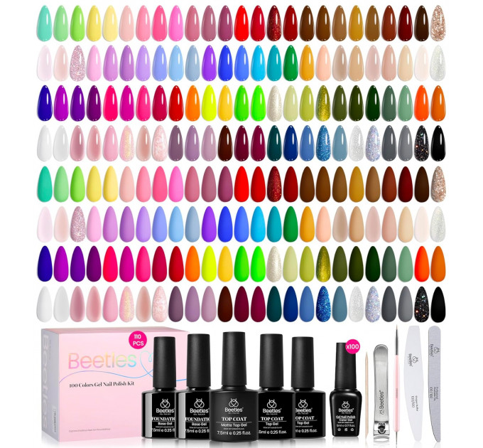 Набір гель-лаків для нігтів Beetles із 110 предметів  (100 кольорів по 5 мл бази, топи та аксесуари)