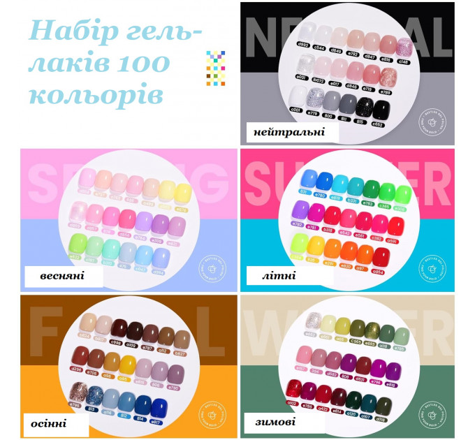 Набір гель-лаків для нігтів Beetles із 110 предметів  (100 кольорів по 5 мл бази, топи та аксесуари)