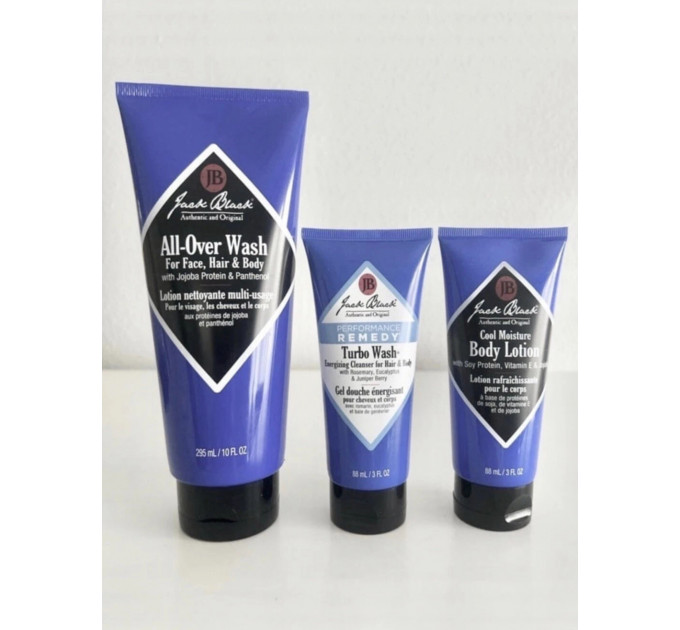 Набір чоловічої косметики Jack Black для обличчя, волосся та тіла 3-в-1 (гель для душу, шампунь і лосьйон)