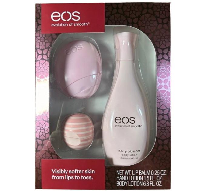 Подарунковий набір Eos Visibly Softer Skin From Lips To Toes Berry Blossom крем для рук, лосьйон, бальзам для губ